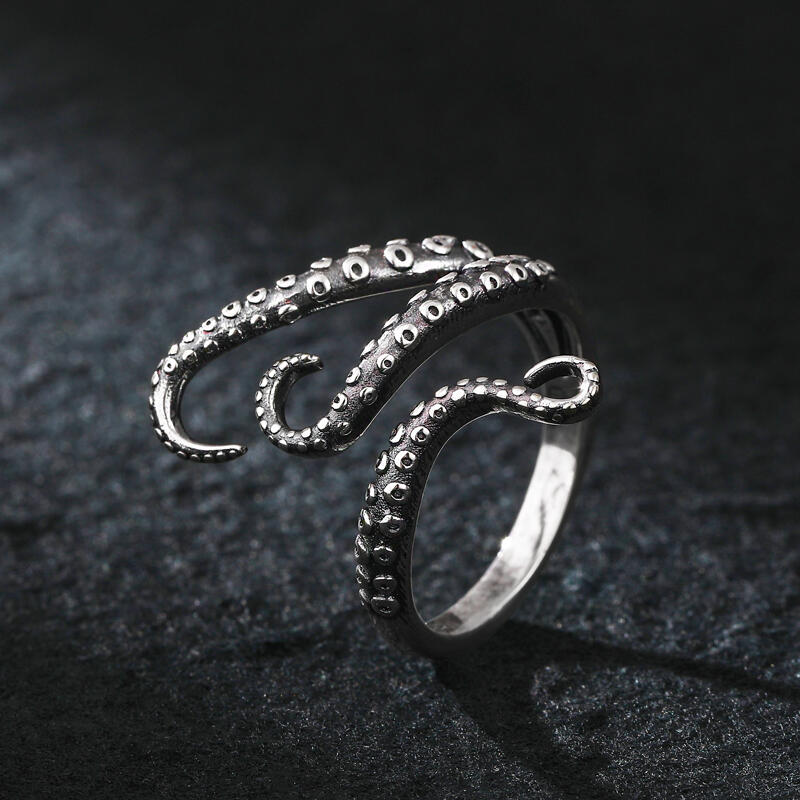 Jeulia Anillo abierto de plata de ley con diseño de pulpo estilo punk