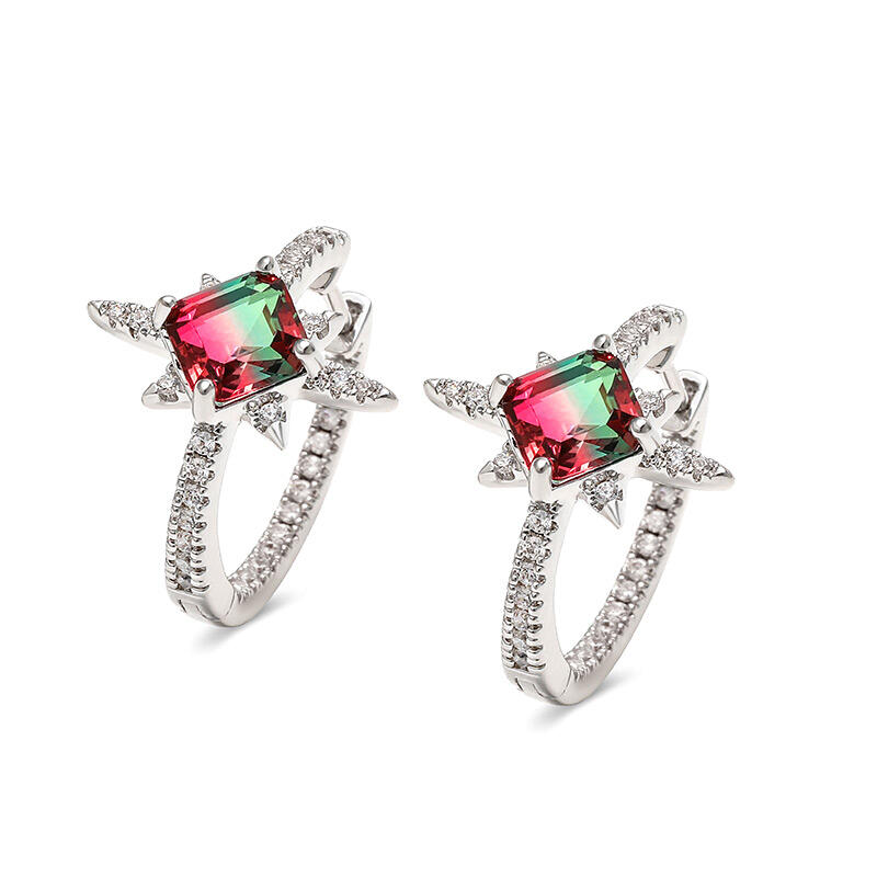 Jeulia "Endless Light " North Star Princess Cut Watermelon Sterling Silver Earrings