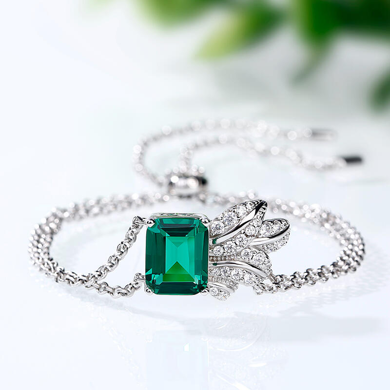 Jeulia Leaf Design Emerald Cut Sterling Silver Bracelet