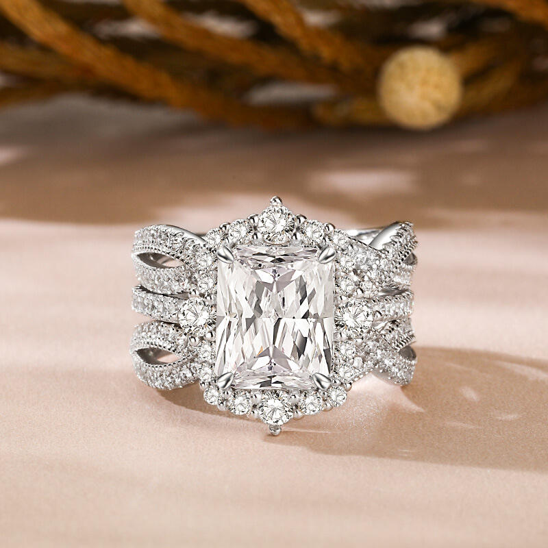 Jeulia Interchangeable Halo Engagement Ring Set Twisted Radiant Cut Sterling Silver