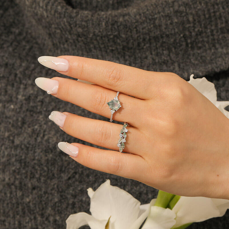 Jeulia Moss Agate Cluster Women's Wedding Band Sterling Silver