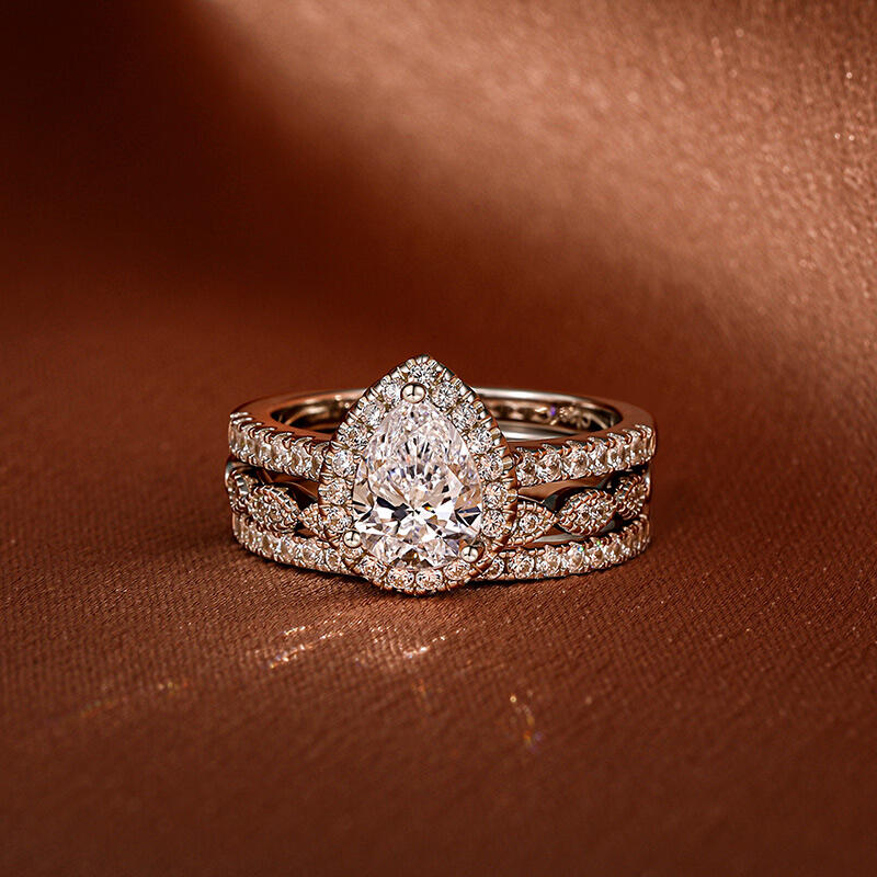 Jeulia Halo Pear Cut Sterling Silver Ring Set