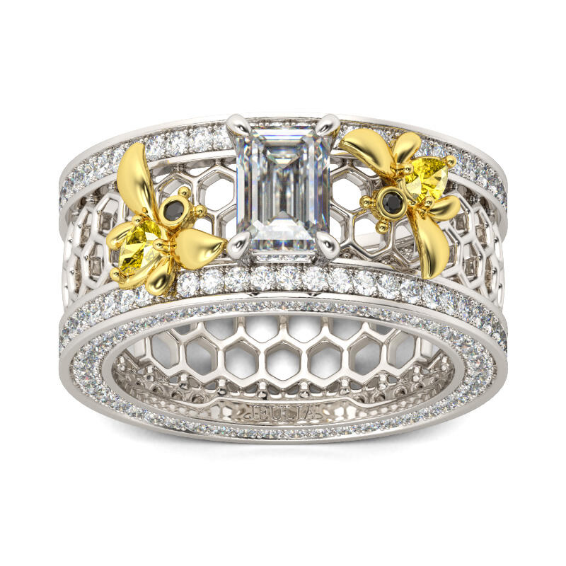 Jeulia Two Bee Emerald Cut Sterling Silver Ring