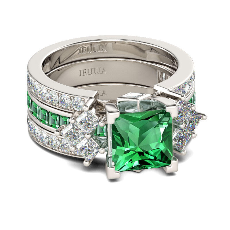 Jeulia Unique Princess Cut Sterling Silver Ring Set