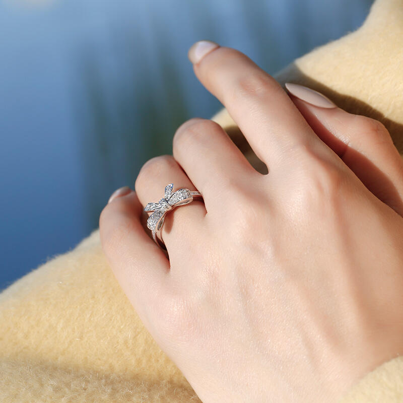 Jeulia Bowknot Design Round and Emerald Cut Sterling Silver Ring