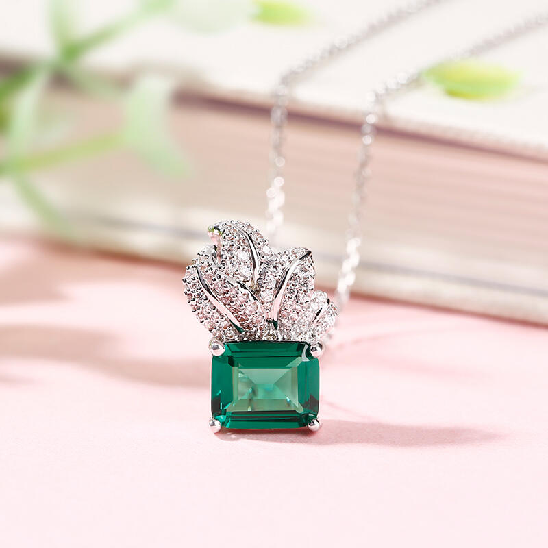 Jeulia Leaf Design Emerald Cut Sterling Silver Necklace