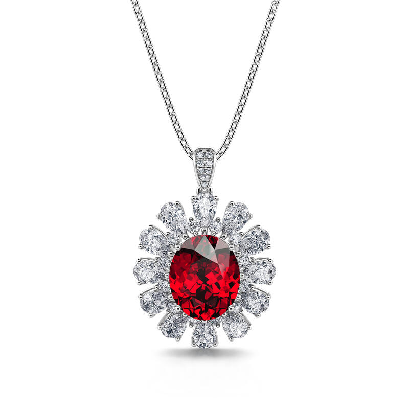 Jeulia "Burning Red" Luxury Halo Oval Cut Sterling Silver Necklace