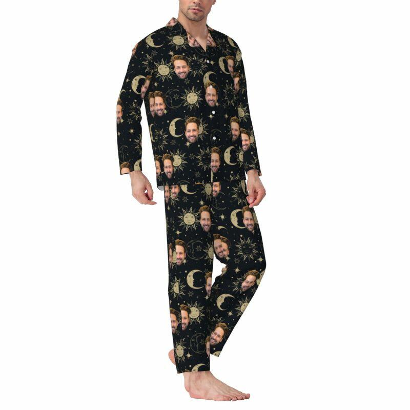 Gepersonaliseerde pyjama op maat met foto Artistiek zon maan patroon ontwerp prachtig cadeau voor hem familie