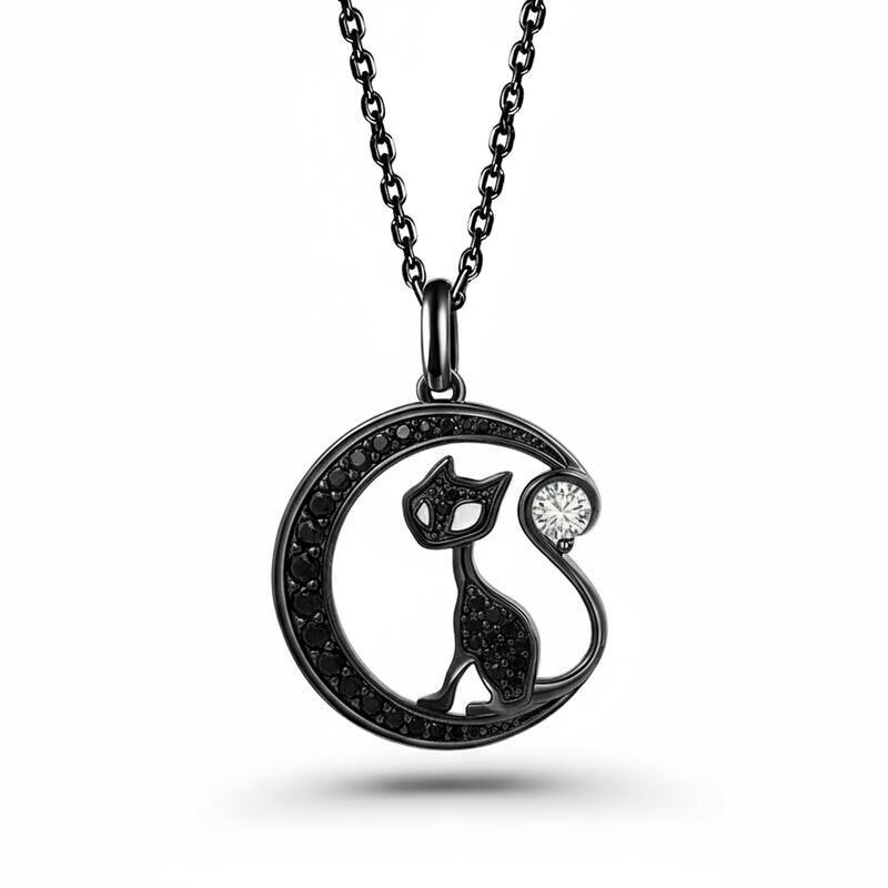 Jeulia "Black Cat on the Moon"Custom Birthstone Necklace
