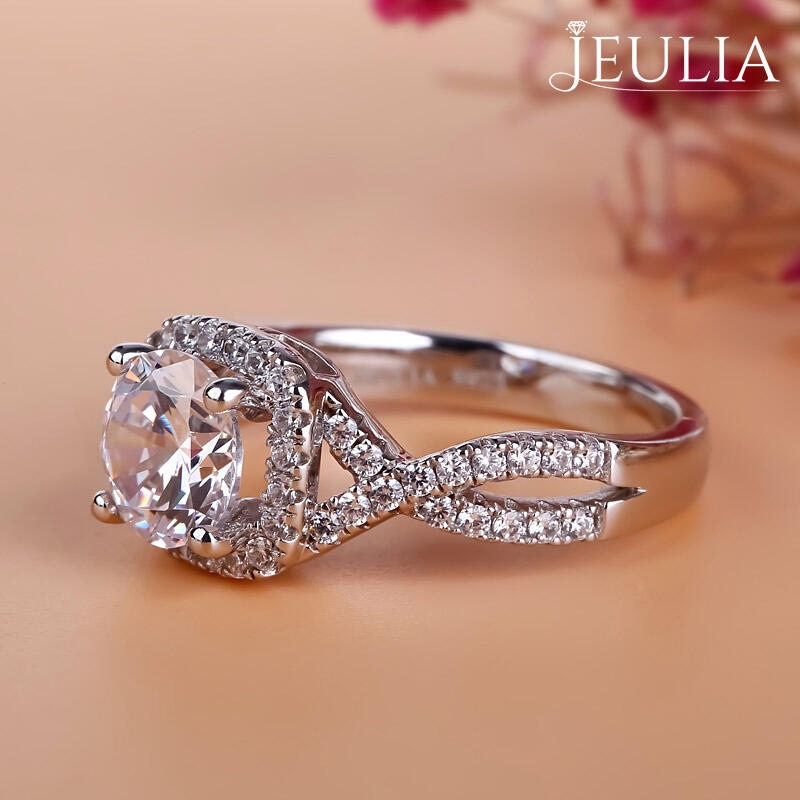 Jeulia Twist Halo Round Cut Sterling Silver Ring