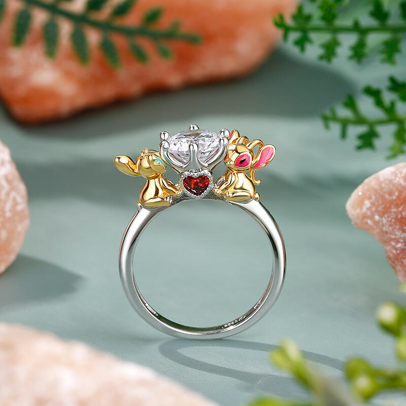 Jeulia Hug Me "Love Story" Little Monster Couple Round Cut Sterling Silver Ring