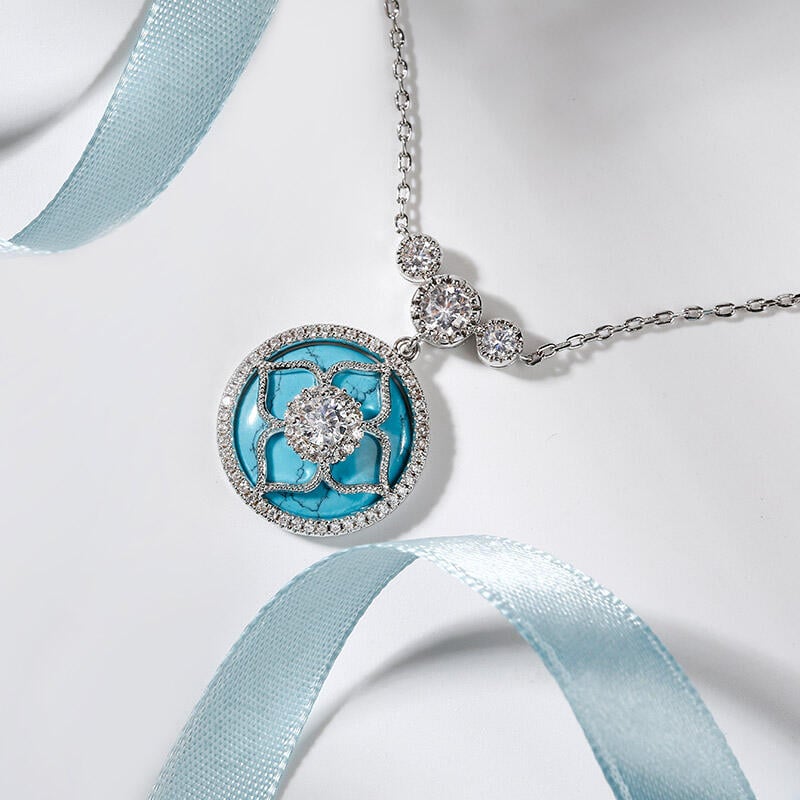 Jeulia "Lucky Choice" Flower Turquoise Sterling Silver Necklace