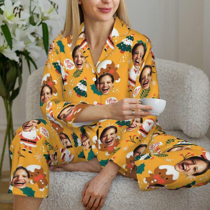 Pyjama personnalisé avec motif de bonhomme en pain d'épice et photo personnalisée, cadeau de Noël pour elle