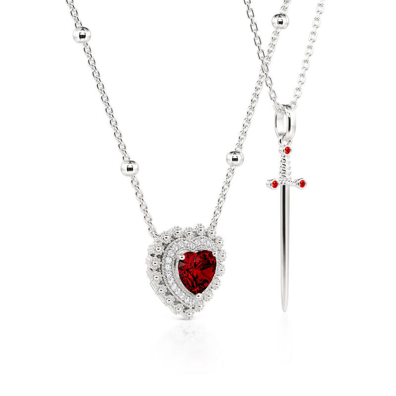 Jeulia Sword Couples Ruby Heart Necklace