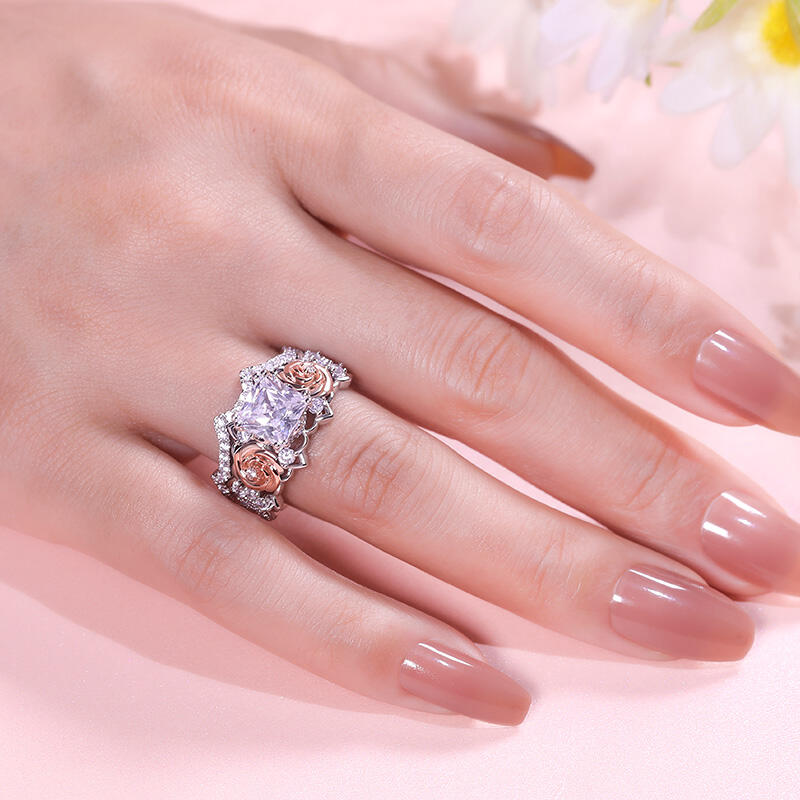 Jeulia "True Love" Rose Princess Cut Sterling Silver Ring Set