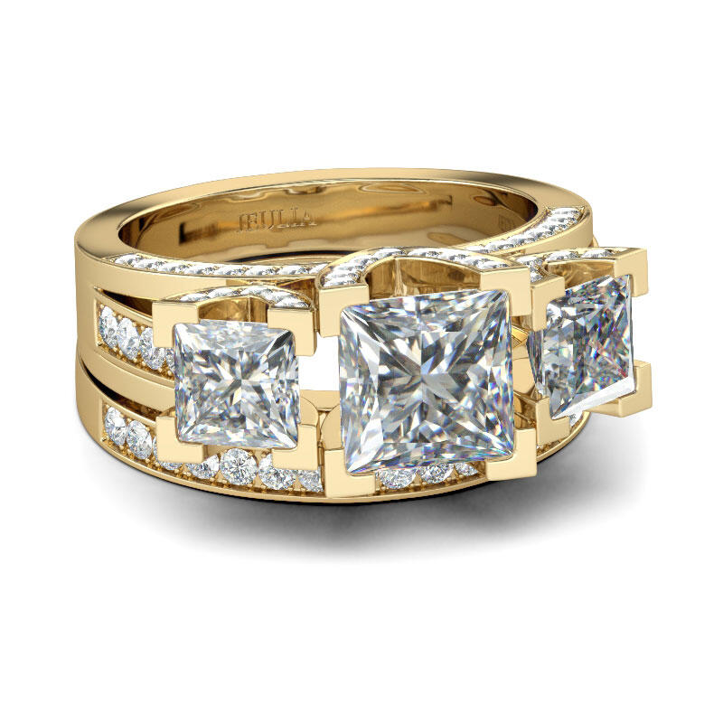 Jeulia Three Stone Princess Cut Sterling Silver Ring Set