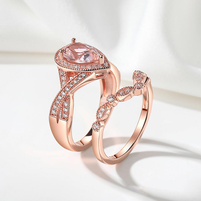 Jeulia Anillo de Plata de Ley con Morganita Sintética con Corte de Pera y Halo