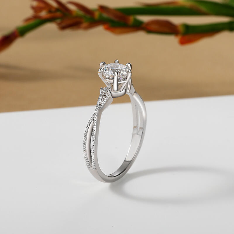 Jeulia Three Stone Engagement Ring Twist Milgrain Round Cut Sterling Silver