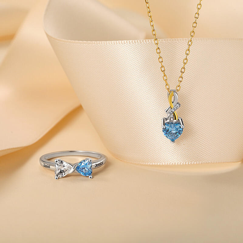 Jeulia Custom Name Double Heart Birthstone Ring with Knot Design