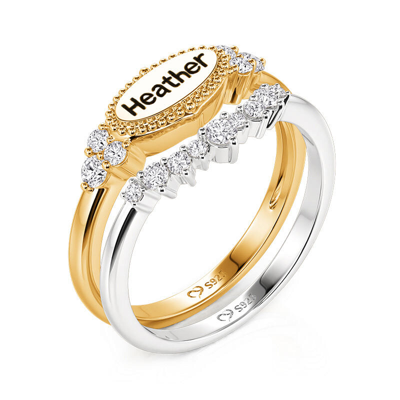 Jeulia Everyday Two Tone Custom Name Beaded Ring Set