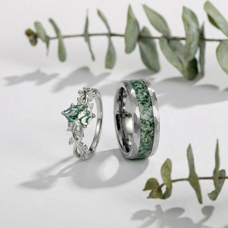 Jeulia Herren Gehämmert Tungsten Moosachat Ring