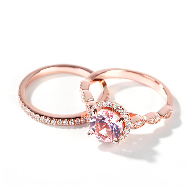 Jeulia Juego de anillos de plata esterlina de corte redondo milgrain Halo