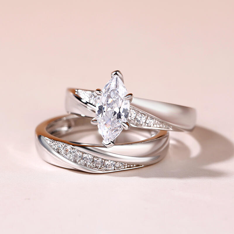 Jeulia Juego De Anillos Diagonal Corte Marquesa En Plata Esterlina