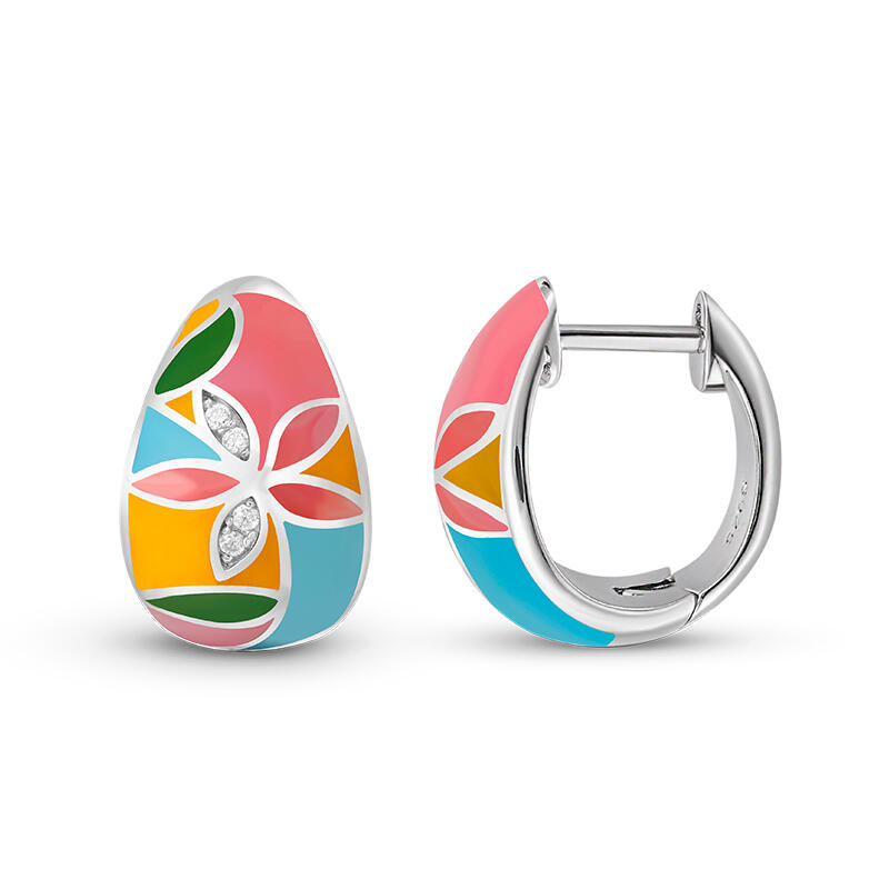 Jeulia "Bright & Fun" Flower Enamel Sterling Silver Hoop Earrings