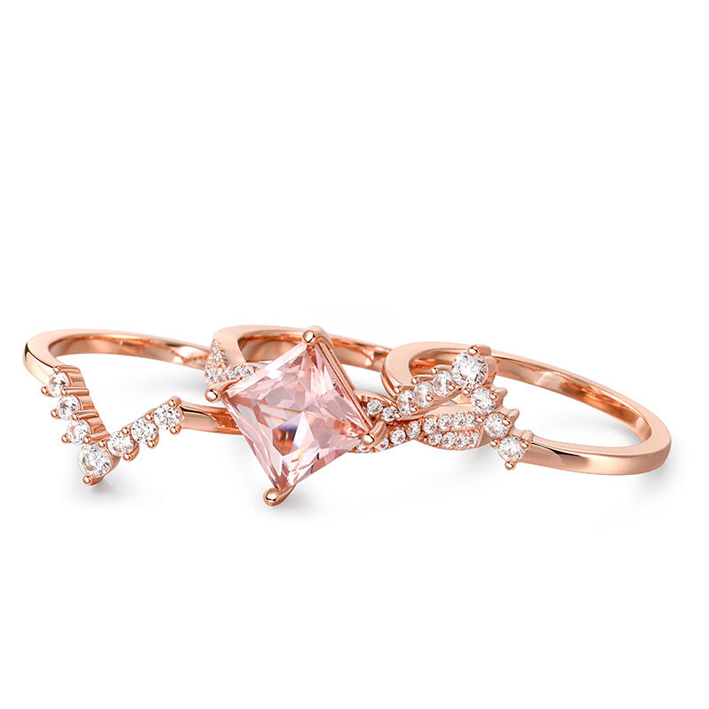 Jeulia Juego de Anillos de Plata de Ley con Morganita Sintética de Corte Princesa 3 Piezas