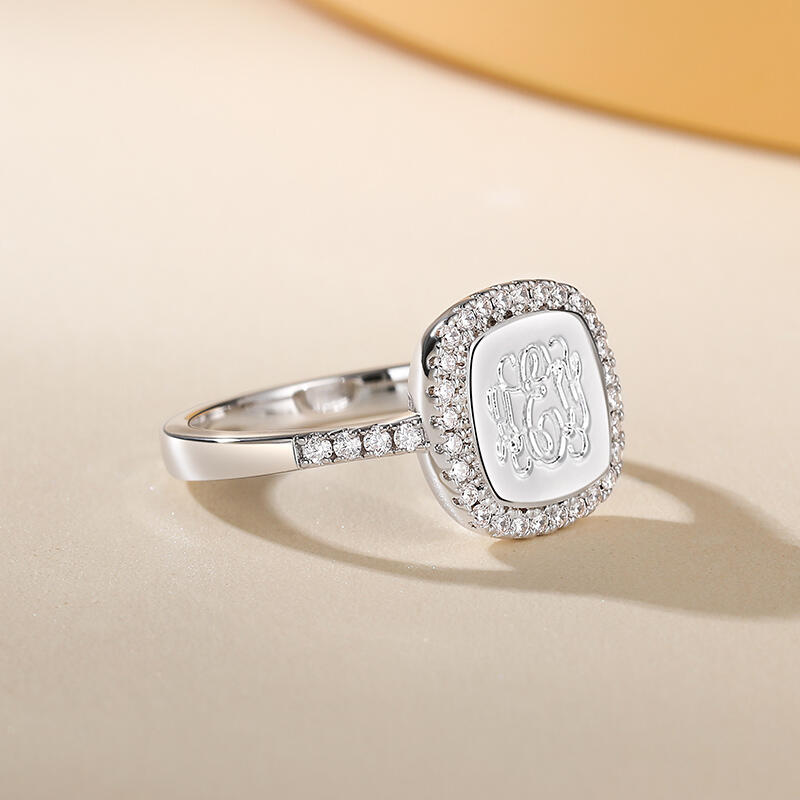 Jeulia Halo Square Monogram Personalized Sterling Silver Ring