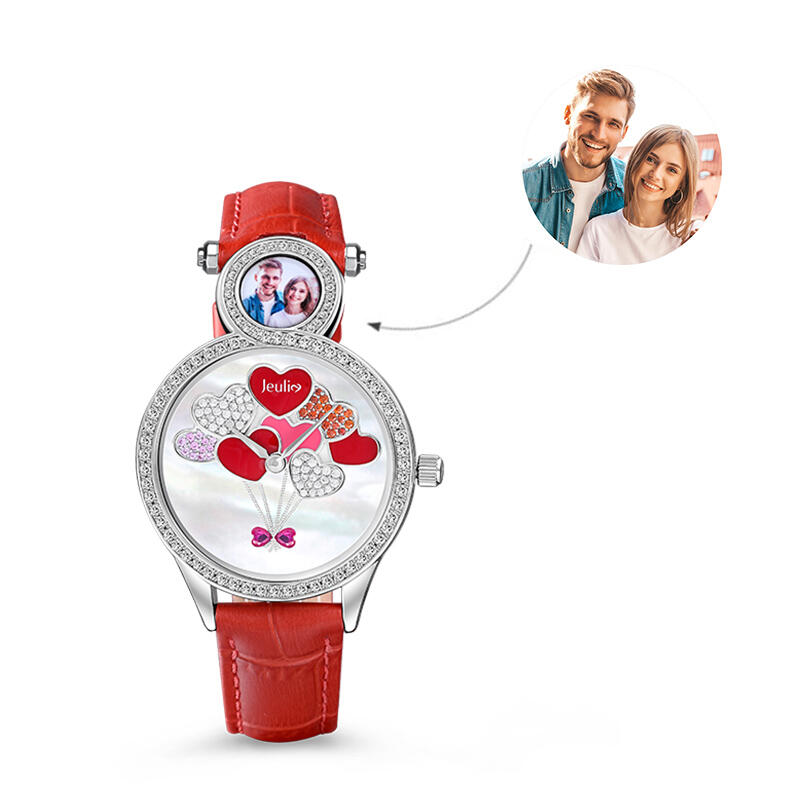 Jeulia Orologio da donna con foto personalizzata e palloncino a forma di cuore con quadrante in madreperla