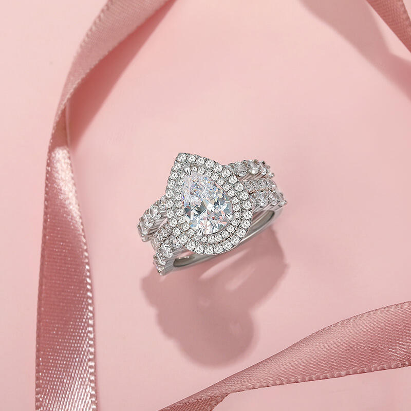 Jeulia Double Halo Pear Cut Engagement Ring Set 3PCS with Eternity Band