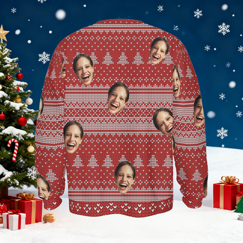 Personalized Ugly Sweater Unisex Custom Face Photo Red Festival Style Design Christmas Gift for Couples