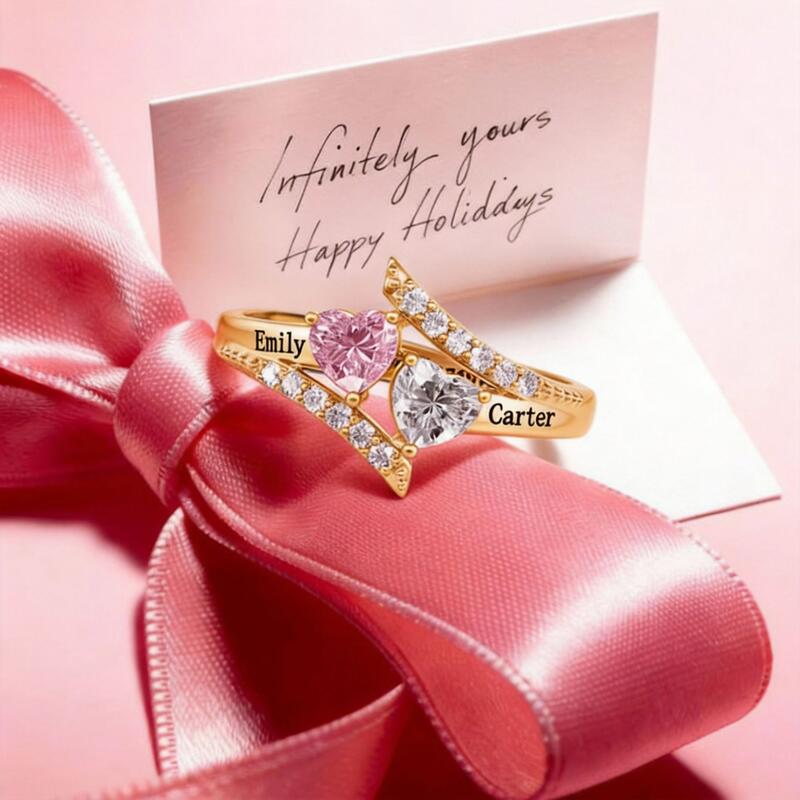 Double Heart Custom Engagement Ring with Birthstone and Engraving