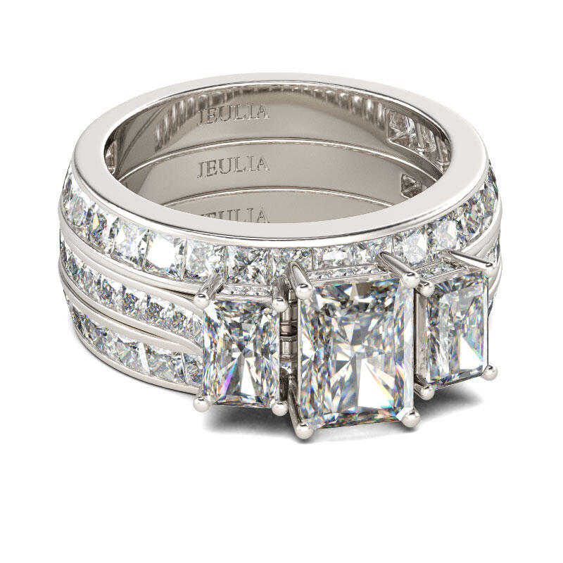Jeulia 3PC Three Stone Radiant Cut Sterling Silver Ring Set