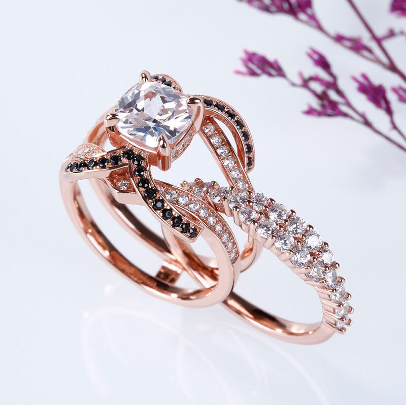 Jeulia Rose Gold Tone Cushion Cut Sterling Silver Ring Set
