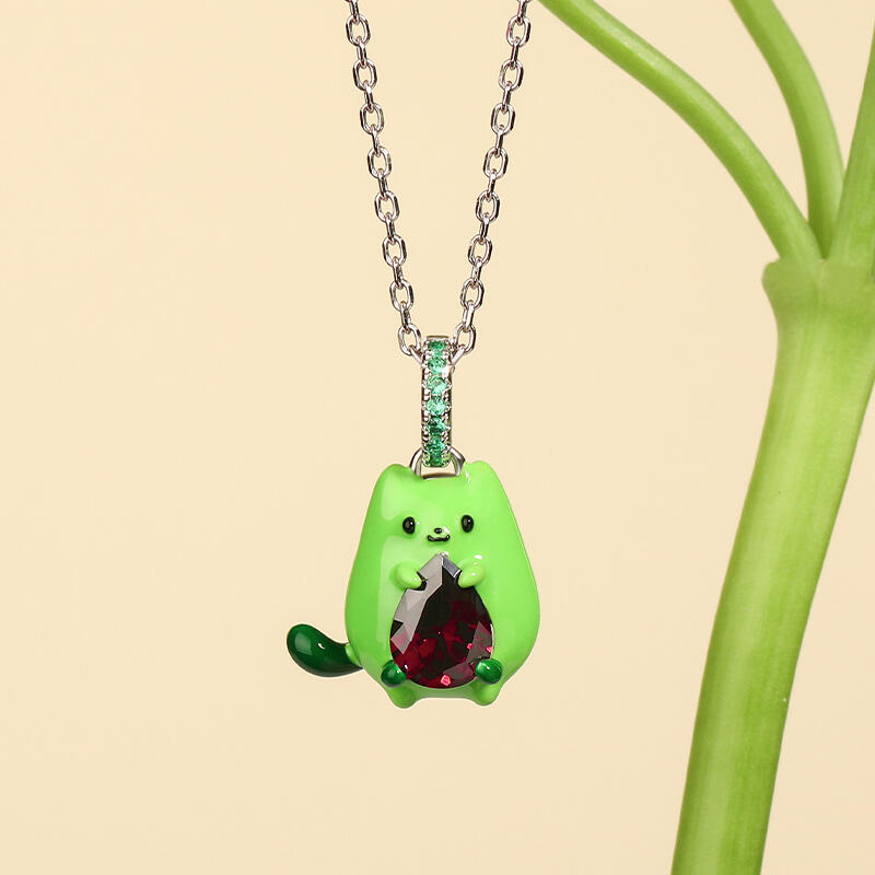 Jeulia Hug Me "Avocado Cat" Enamel Sterling Silver Jewelry Set