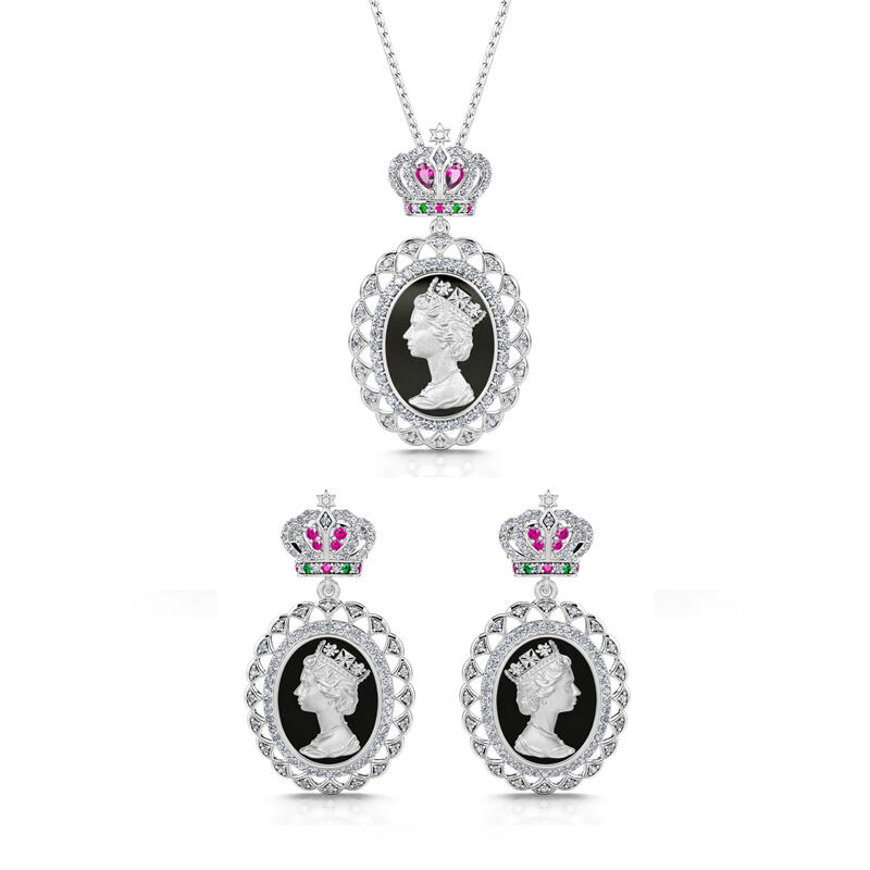 Jeulia "To Honour" Queen Elizabeth Portrait Black Enamel Sterling Silver Jewelry Set