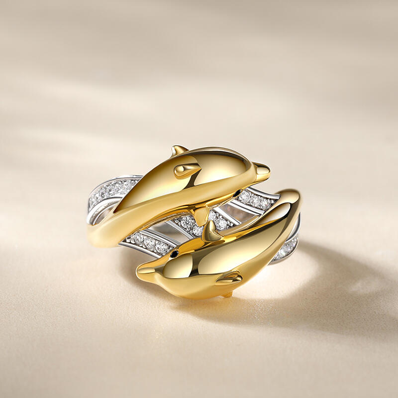 Jeulia "Golden Embrace" Two Dolphins Sterling Silver Ring