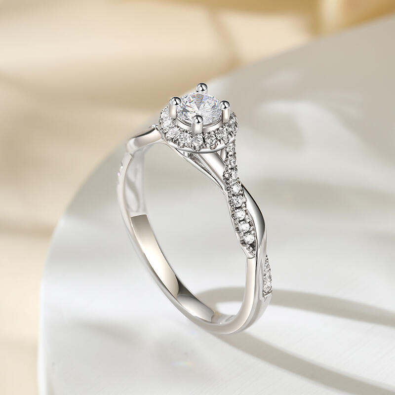 Jeulia Anillo de Compromiso Redondo Halo Plata Esterlina Diseño Torcido
