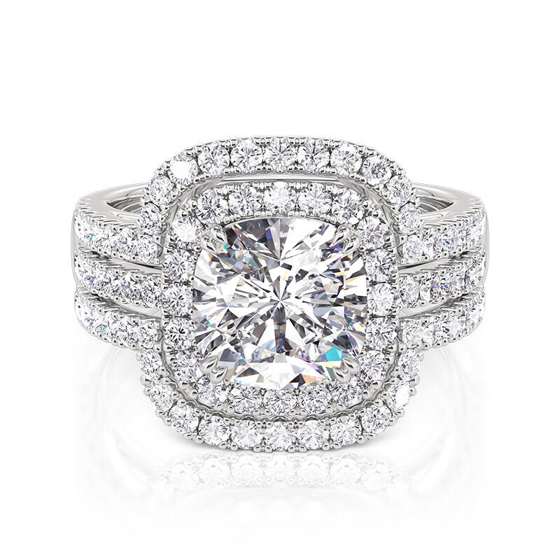 Jeulia Classic Cushion Cut Halo Engagement Ring Set Sterling Silver