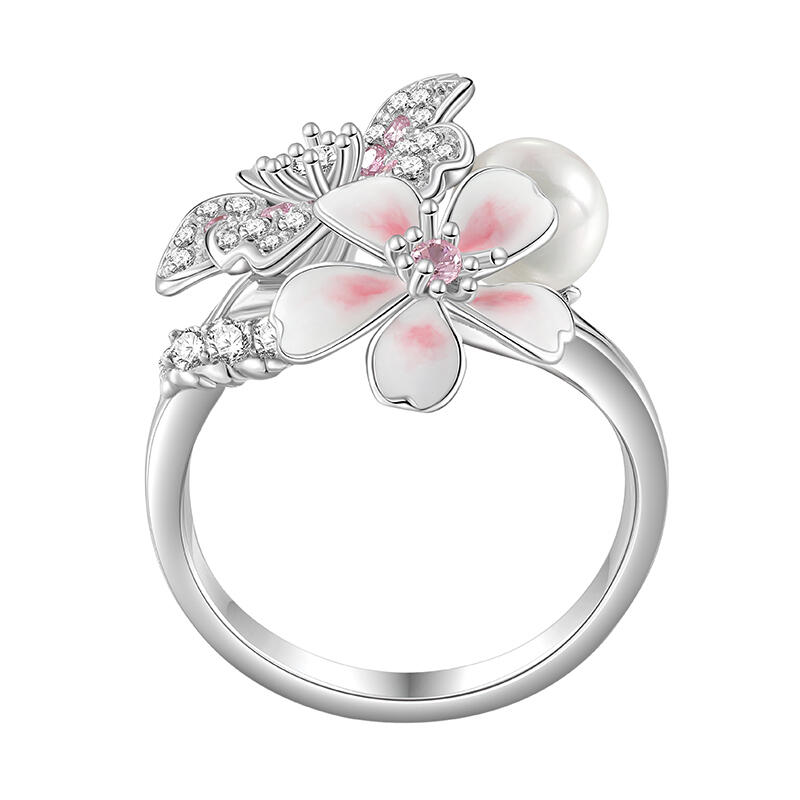 Jeulia Cherry Blossoms Gradient Pink Enamel Ring with Pearl