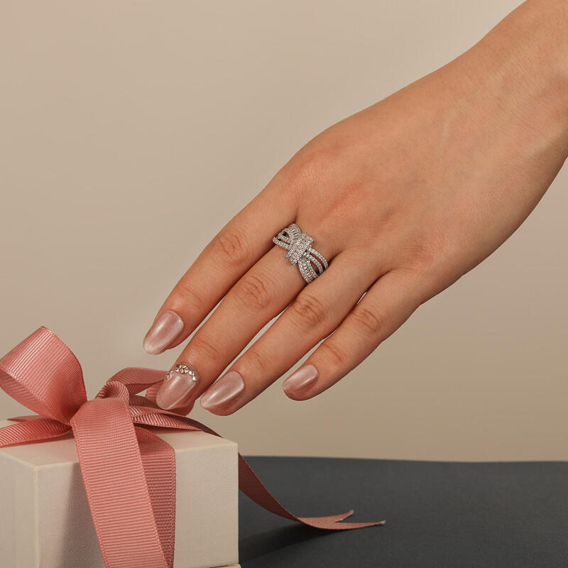 Jeulia Bow Ribbon Around Triple Pave Set Wedding Ring