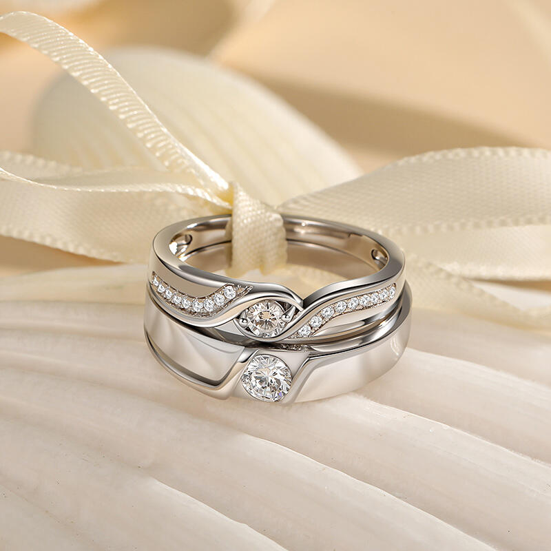 Jeulia Bypass Round Cut Couple Rings Set Sterling Silver