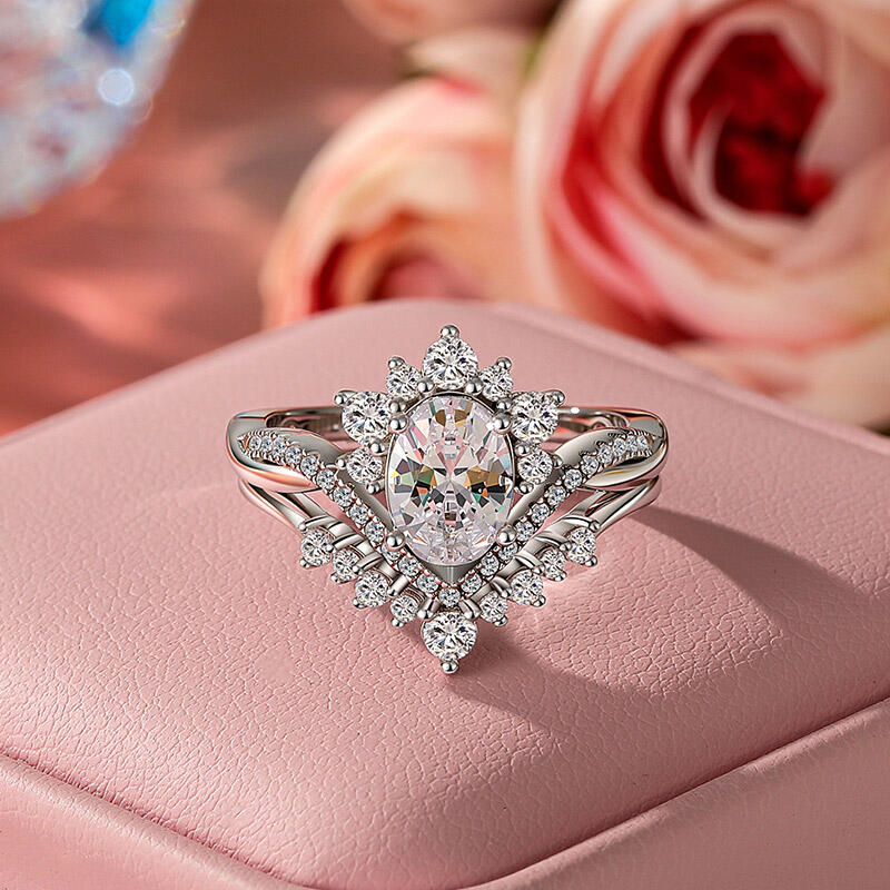 Jeulia Twisted Oval Halo Bridal Ring Set with Cluster Enhancer