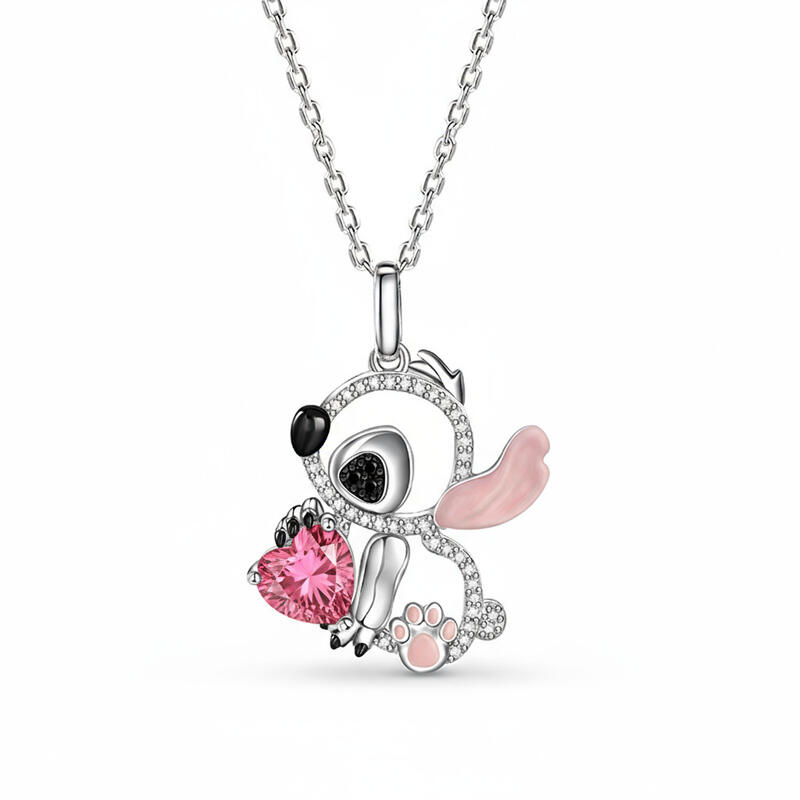 Jeulia Hug Me "Little Monster" Pink Ear Heart Cut Personalized Sterling Silver Necklace