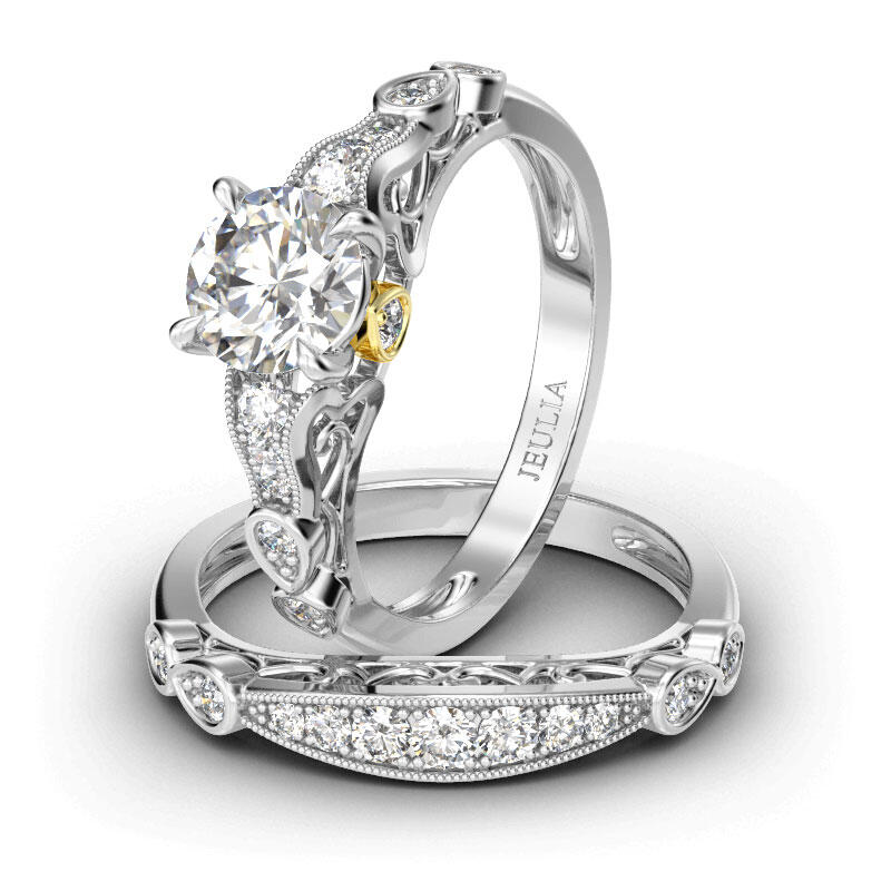 Jeulia Classic Scrollwork Round Cut Sterling Silver Ring Set