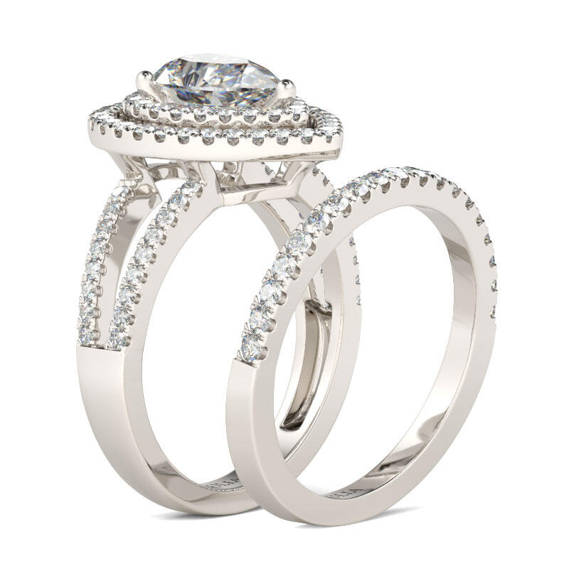 Jeulia Double Halo Pear Cut Sterling Silver Ring Set