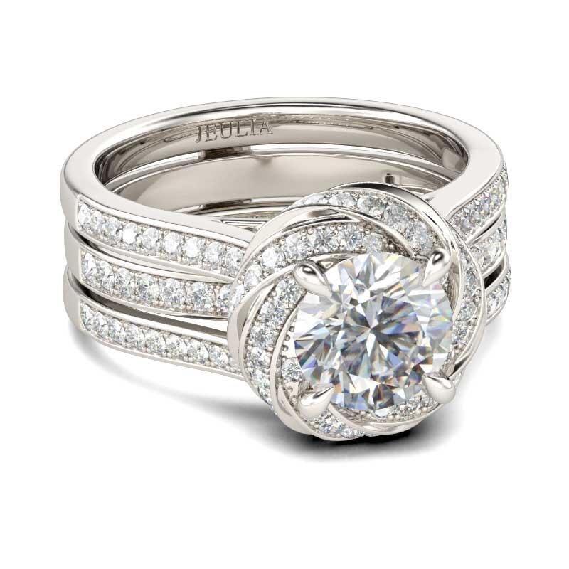 Jeulia Floral Halo Round Cut Interchangeable Sterling Silver Ring Set