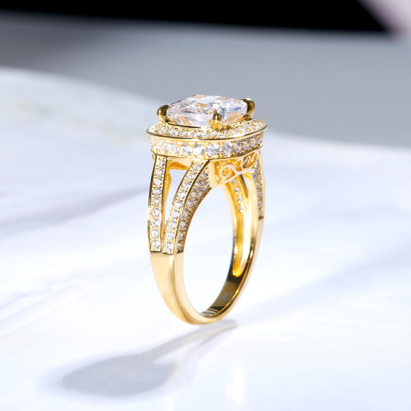 Jeulia Gold Tone Halo Cushion Cut Sterling Silver Ring